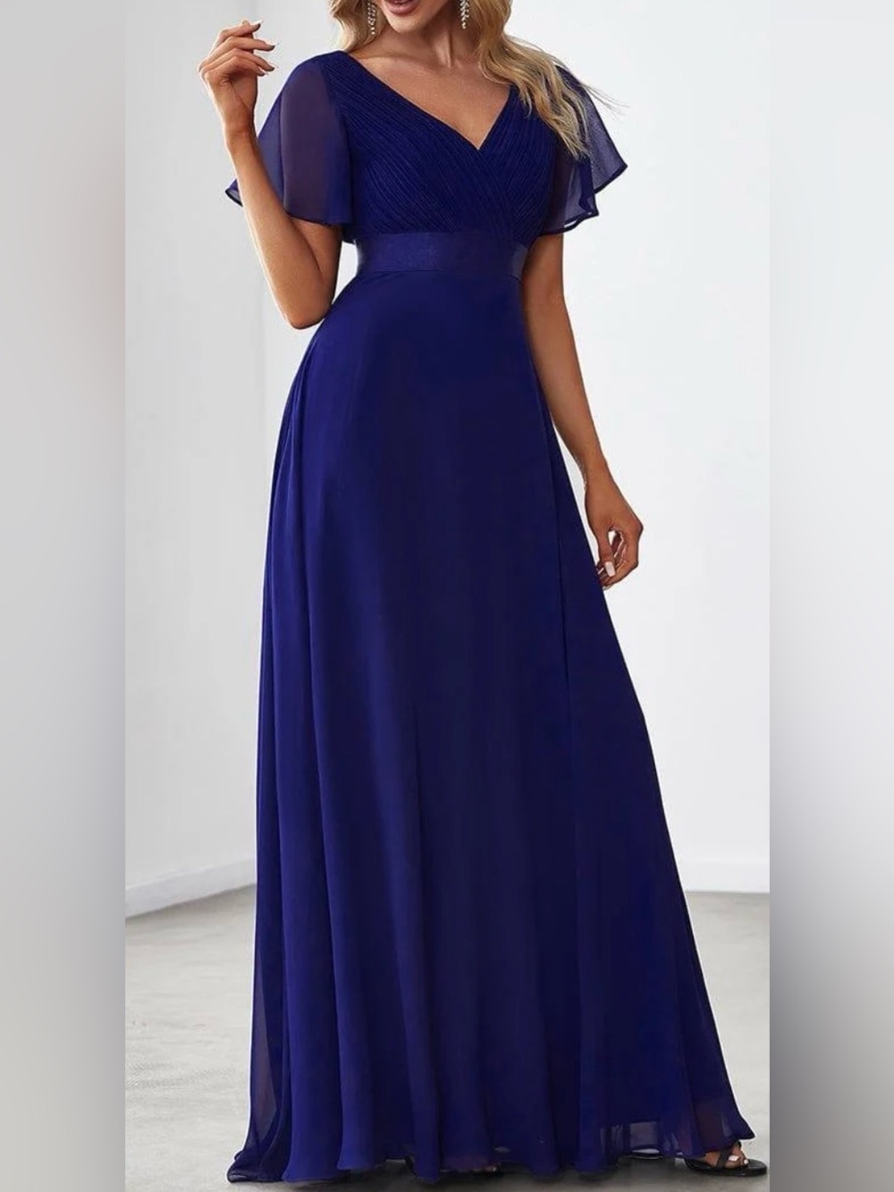 Ever Pretty Navy V-Neck Chiffon Maxi Dress with Flutter Sleeves